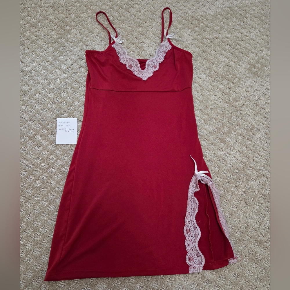 (S) Red Lingerie with White Lace Slip Dress